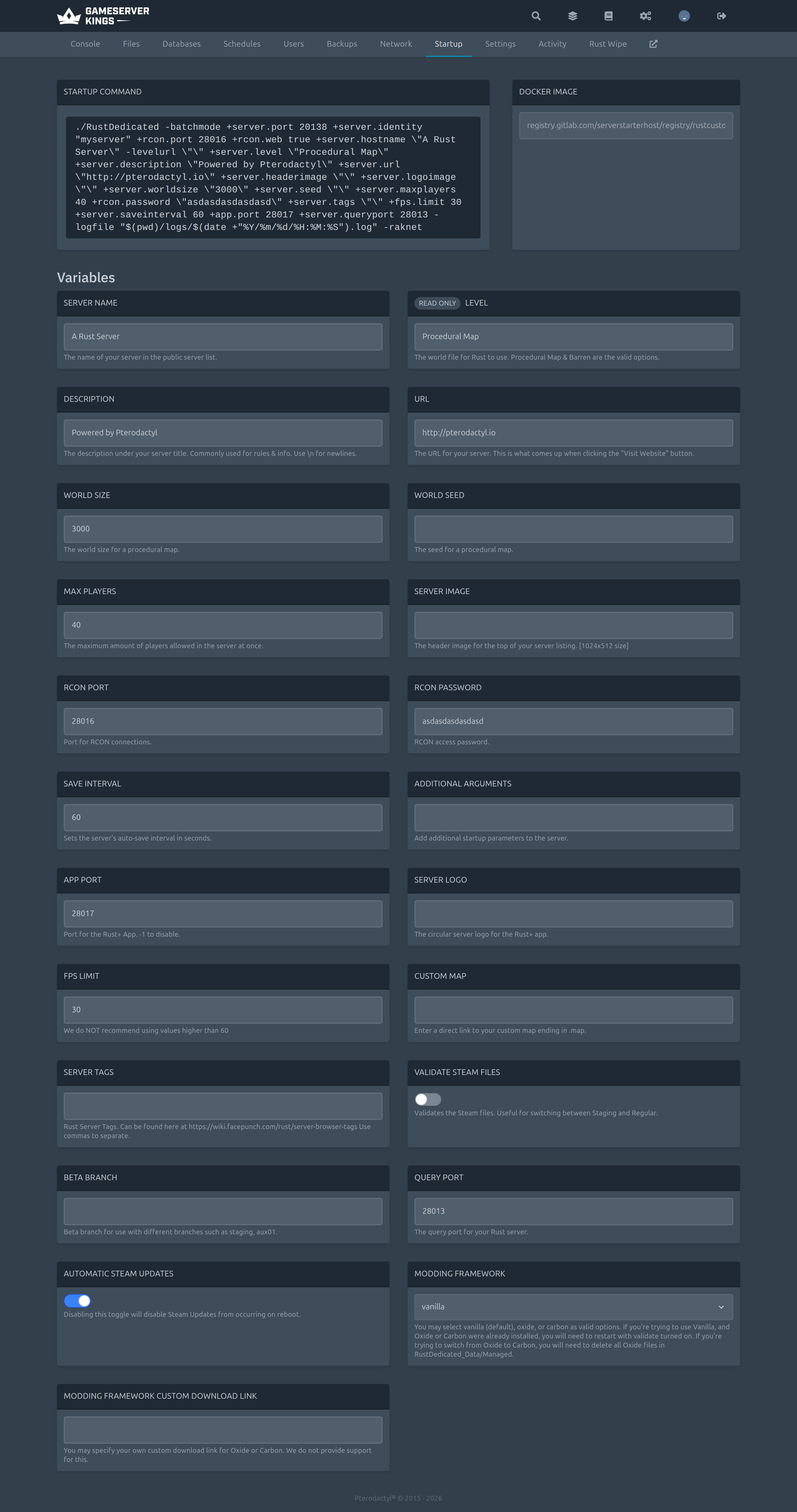 GameServerKings control panel: Startup Configuration